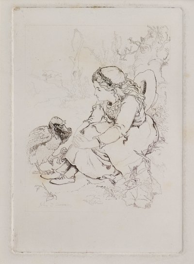 Zittend meisje en grote vogel door John Duncan