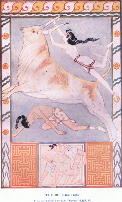 De stierenvechters, illustratie uit Myths of Crete and Pre-Hellenic Europe, uitgegeven door de Gresham Publishing Company Limited 1920s door John Duncan