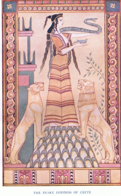 De slangenkoningin van Kreta, illustratie uit Myths of Crete and Pre-Hellenic Europe, uitgegeven door de Gresham Publishing Company Limited 1920s door John Duncan