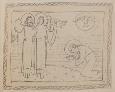 Zonder titel [Knielende figuur en twee engelen] door John Duncan