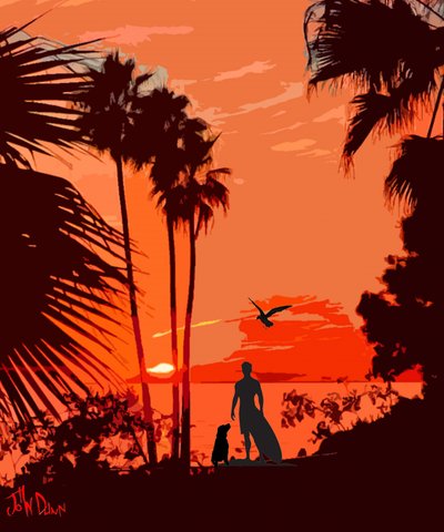 Surfer Dog Tropische zonsondergang door John Dunn