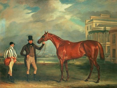 Generaal Chasse, een kastanjebruin renpaard vastgehouden door zijn trainer, met zijn jockey, J. Holmes, staand op de Aintree renbaan, 1835 door John E. Ferneley