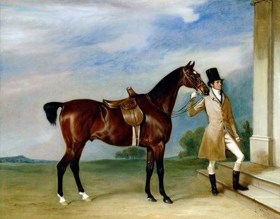 De Bay Hunter van Miss Villebois vastgehouden door een Staljongen door John E. Ferneley