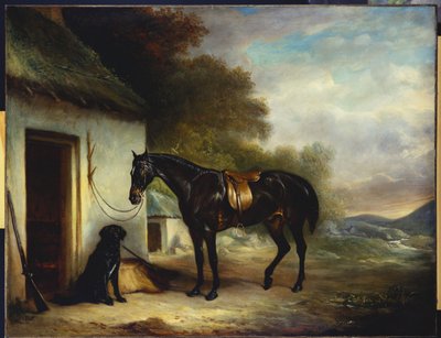 De favoriete jager van Mr. Stuart, Vagabond en zijn Flatcoated Retriever, Nell, bij een cottage deur door John E. Ferneley