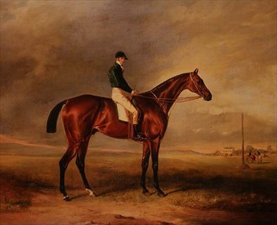 Priam, een bruine renpaard bereden door Sam Day door John E. Ferneley