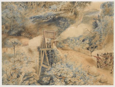 Het 3e West India Regiment vuurt op Franse troepen bij een bruggenhoofd, op het Ile de Cabret of Terre d