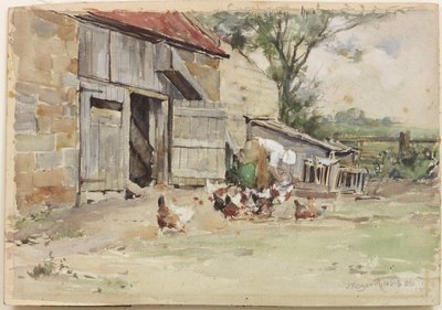 De kippen voeren, 1909 door John Edgar Mitchell