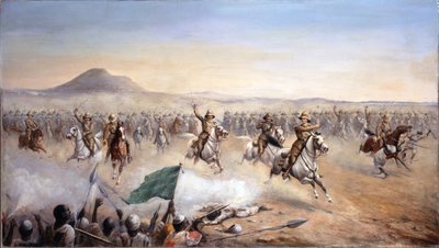 De aanval van de 21e Lancers bij Omdurman, 2 september 1898 (olie op doek) door John Edward Chapman Mathews