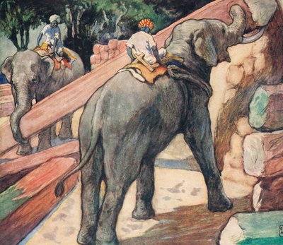 Olifanten die boomstammen hanteren, illustratie uit 
