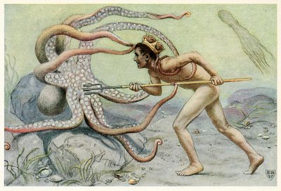 Hij was erg dapper en sterk, ... en vocht met de grote octopus uit Het Grote Zeepaard, 1909 door John Elliot