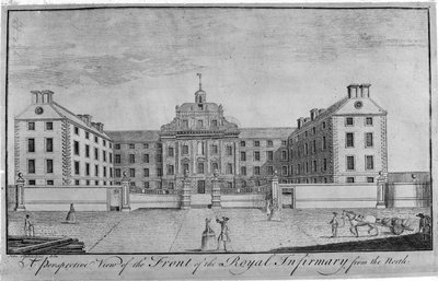 Een perspectivisch uitzicht op de voorkant van het Royal Infirmary vanuit het noorden, c.1746 door John Elphinstone