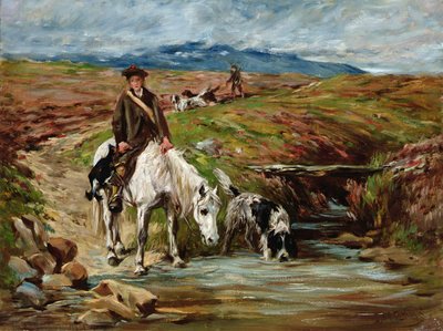 Paard en Spaniel Drinken uit een Stroom door John Emms