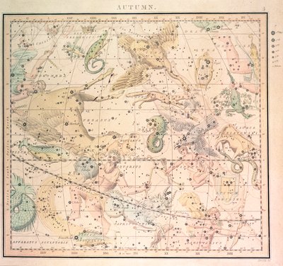 Hemelkaart: Herfst, met sterrenbeelden en posities van de sterren (gravure) door John Emslie
