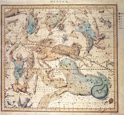 Hemelkaart: Winter, met Tekens van de Dierenriem en Posities van de Sterren (gravure) door John Emslie
