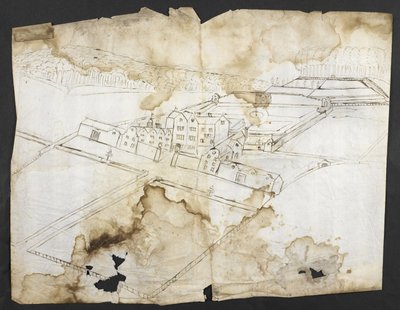 Prospect van Wotton met de tuin, grot en omgeving vanuit het noordwesten, c.1650 door John Evelyn