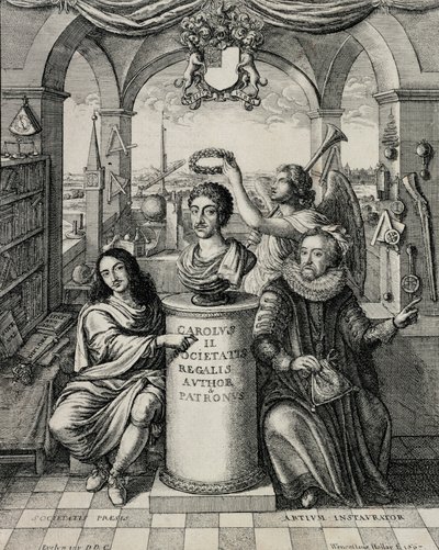 Karel II (1630-85) als Beschermer van de Koninklijke Maatschappij, gegraveerd door Wenceslaus Hollar, 1667 door John Evelyn