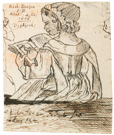 Richard Evelyn leest een natuurhistorisch boek, Deptford, 1656 door John Evelyn