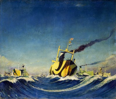 Een konvooi van schepen waarvan de romp is bedekt met camouflagepatronen tijdens de Eerste Wereldoorlog door John Everett