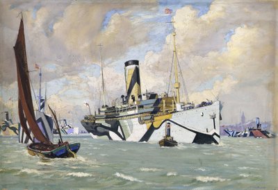 Een hulpkruiser die een konvooi Amerikaanse troepen naar de Theems brengt (Engeland) door John Everett