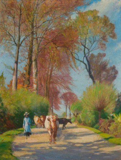 Landweg met figuur en koe door John Everett