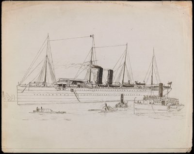 PAH1225; Stoomschip nabij een kust met sleepboot ernaast. Passagiersschip met sleepboot en raderstoomboot Tilbury in de buurt door John Everett