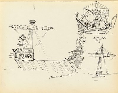 Schets van een Romeins oorlogsschip, deel van een Romeins koopvaardijschip en een schip met zeil, begin 20e eeuw door John Everett