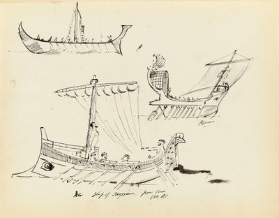 Schetsen van vroege schepen, waaronder een Romeins zeil- en roeivaartuig en schip van Odysseus, 500 v.Chr. door John Everett