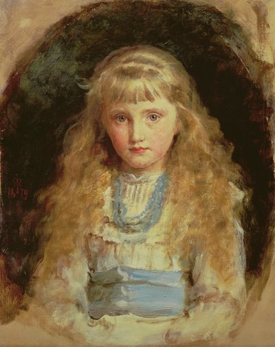 Portret van Beatrice Caird in een witte jurk met een blauwe sjerp door John Everett Millais