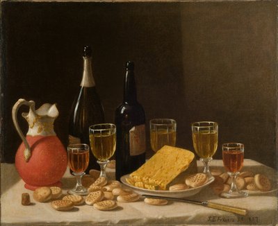 Stilleven met flessen, wijn en kaas 1857 door John F. Francis