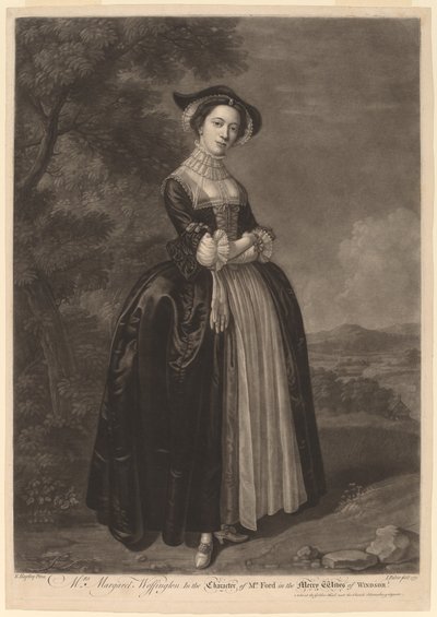 Mevrouw Margaret Woffington in de rol van mevrouw Ford in de Vrolijke Vrouwtjes van Windsor door John Faber II after Edward Haytley
