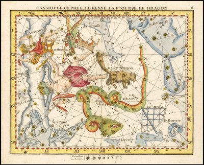 1776 - John Flamsteed - Cassiopee, Cehee, Le Renne, La Petite Ourse, Le Dragon (Cassiopea, Cepheus, Ursa Minor  Draco) door John Flamsteed