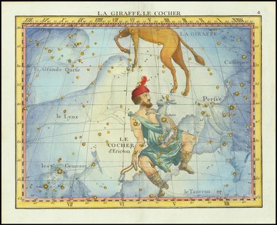 1776 sterrenkaart van de sterrenbeelden Camelopardal  Auriga en naburige sterrenbeelden, uit Fortin