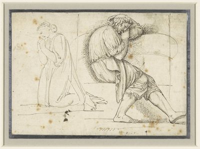 Studieblad met een slapende jongeman en een geknield biddende vrouw door John Flaxman (II)