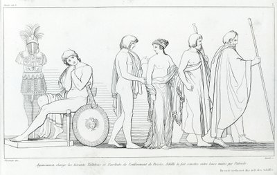 Agamemnon gaf de herauten Taltibius en Euribat de opdracht Briseis te ontvoeren; Achilles liet het door Patrocles aan hen overhandigen. Tekening door John Flaxman. Homeros
