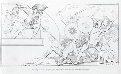 Ajax stoot de Trojanen af die proberen de Griekse schepen te verbranden. Tekening door John Flaxman (1755 - 1826). Homer