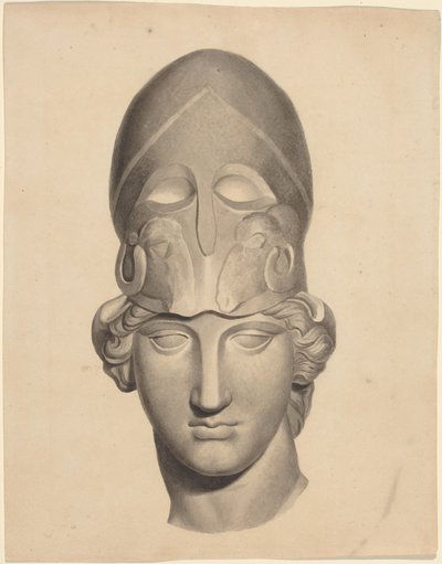 Antiek hoofd met helm (penseel en grijze inkt met grijs gewassen) door John Flaxman