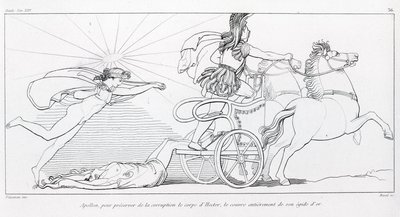 Apollo, god van de zon, bedekt het lichaam van Hector volledig met zijn gouden aegis om het te beschermen. Zang XXIV. Tekening door John Flaxman (1755 - 1826). Homer
