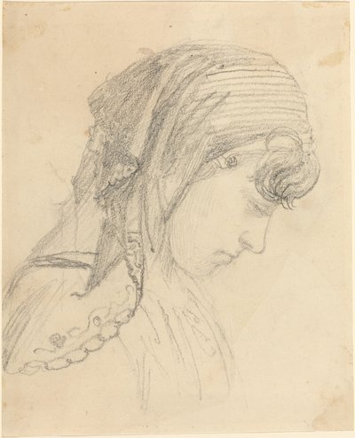 Hoofd van een vrouw in een sjaal, naar beneden kijkend door John Flaxman
