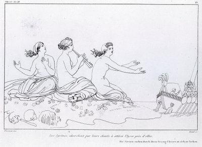Zeemeerminnen proberen met hun gezang Odysseus aan te trekken. Tekening door John Flaxman (1755 - 1826). Homeros