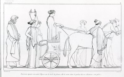 Nausicaa, die net Ulysses heeft ontmoet, brengt hem terug naar het paleis van haar vader, Koning Alkinoos. Tekening door John Flaxman (1755 - 1826). Homer