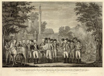 De Britten geven hun wapens over aan generaal Washington na hun nederlaag bij York Town in Virginia oktober 1781, uitgegeven 1819 (gravure) door John Francis (after) Renault