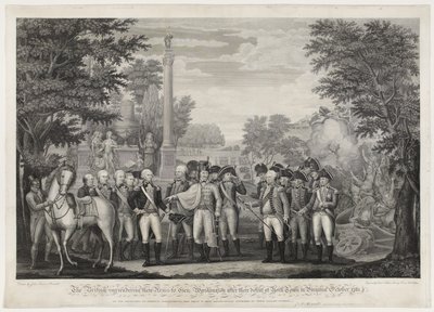 De Britten geven hun wapens over aan generaal Washington na hun nederlaag bij York Town in Virginia oktober 1781 door John Francis (after) Renault