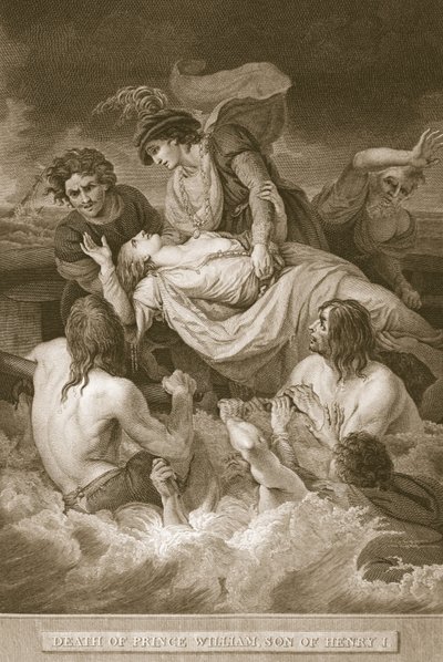 De Dood van Prins Willem, zoon van Hendrik I, gegraveerd door J. Stow, illustratie uit David Hume