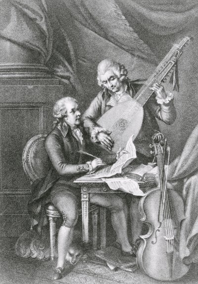 Portret van Franz Joseph Haydn en Wolfgang Amadeus Mozart die muziek componeren voor de luit, gegraveerd door Michele Benedetti door John Francis Rigaud
