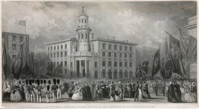 De nieuwe kolenbeurs, Thames Street, bij de ceremonie van de opening in 1849 door John Francis Salmon