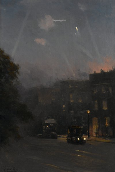 Een Zeppelin-aanval, 8 oktober 1915, c.1915-18 door John Fraser