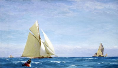 Een groot zeilschip en een schuit op de Theems, voor de kust van een haven, circa 1910, door John Fraser door John Fraser