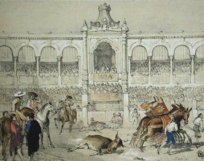 Stierengevecht in Sevilla: Het verwijderen van de dode stier uit de arena, uit 