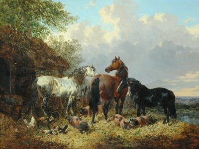 Drie paarden met varkens door John Frederick Herring Junior