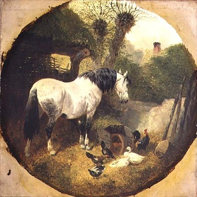 Een boerenpaard eet hooi van een kruiwagen op een boerenerf door John Frederick Herring Senior